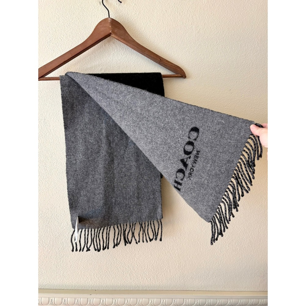 Coach Signature Bi-Color Logo Scarf Wool Cashmere Blend Black Grey Fringe 76053 - Picture 6 of 9